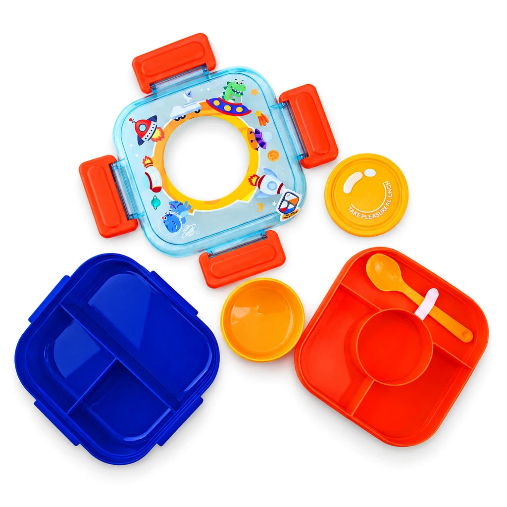 IQIX 1100 ML Kids Lunch Box | 3-Compartment | Blue & Orange | Space Print