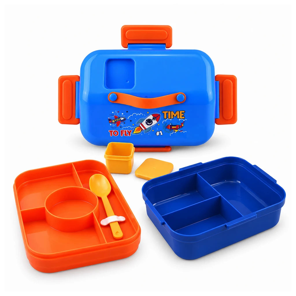 IQIX 1270 ML Kids Lunch Box | 3-Compartment | Blue & Orange | Rocket Print