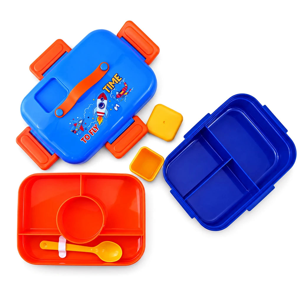 IQIX 1270 ML Kids Lunch Box | 3-Compartment | Blue & Orange | Rocket Print