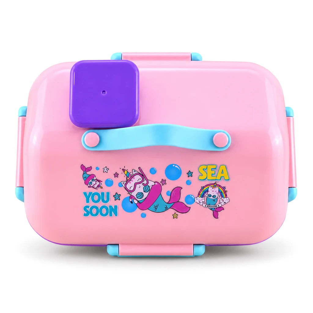 IQIX 1270 ML Kids Lunch Box | 3-Compartment | Pink & Purple | Mermaid Print