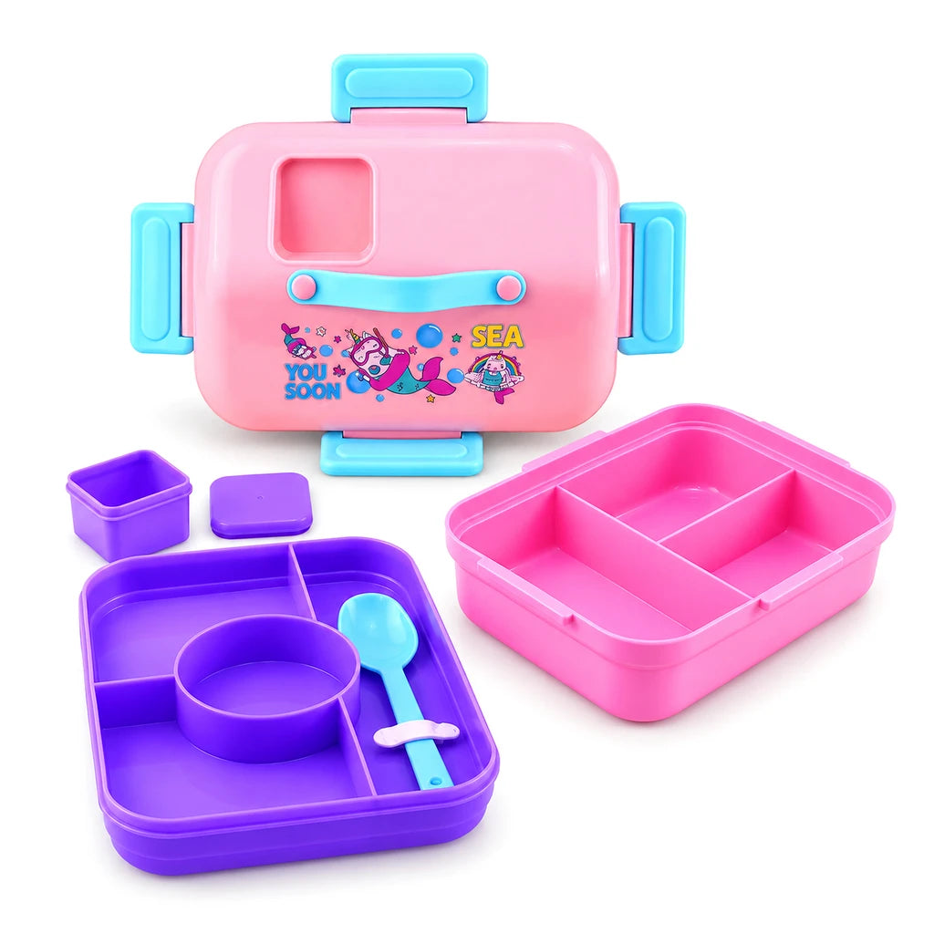 IQIX 1270 ML Kids Lunch Box | 3-Compartment | Pink & Purple | Mermaid Print