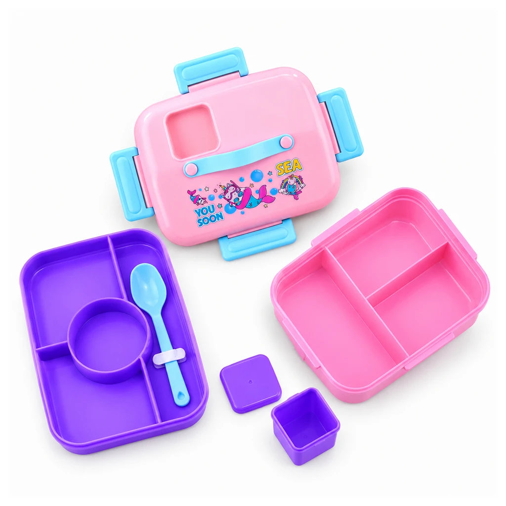 IQIX 1270 ML Kids Lunch Box | 3-Compartment | Pink & Purple | Mermaid Print