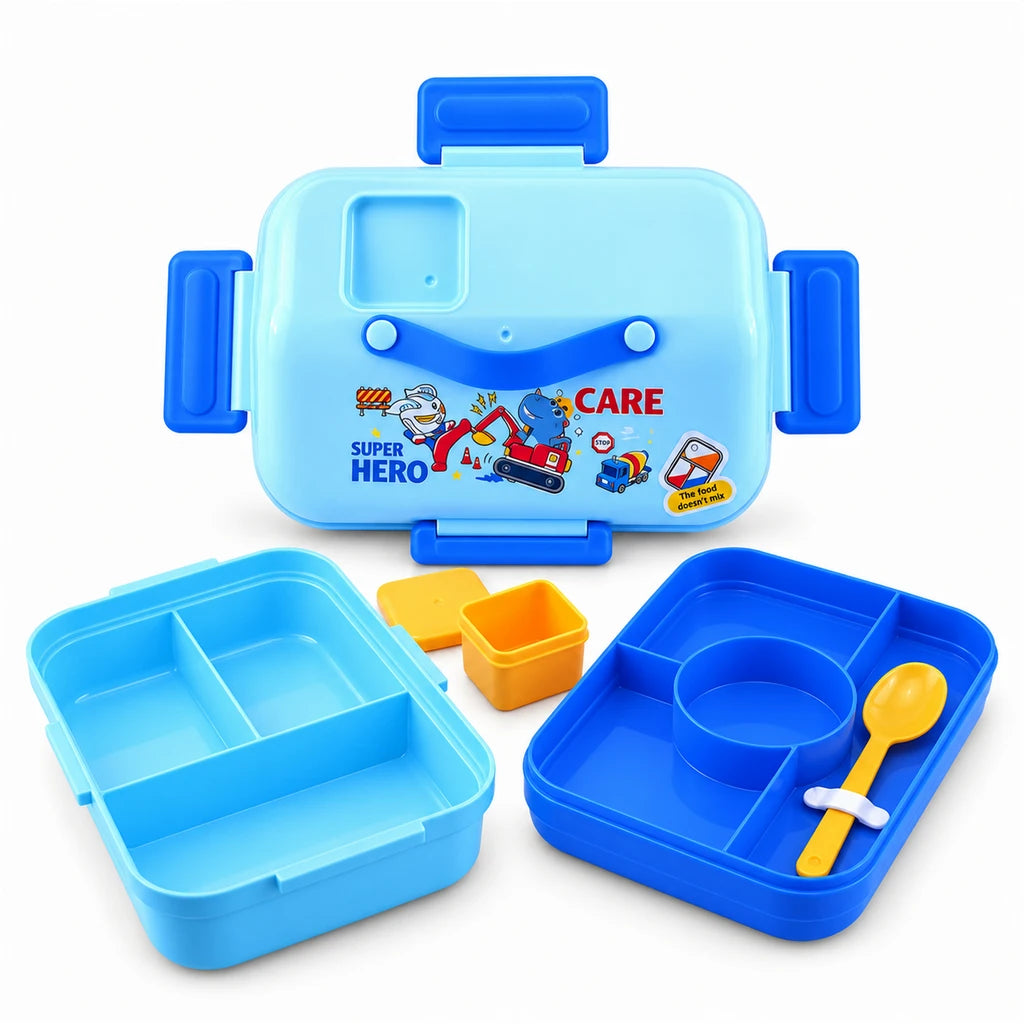 IQIX 1270 ML Kids Lunch Box | 3-Compartment | Sky-Blue | Super Hero Print