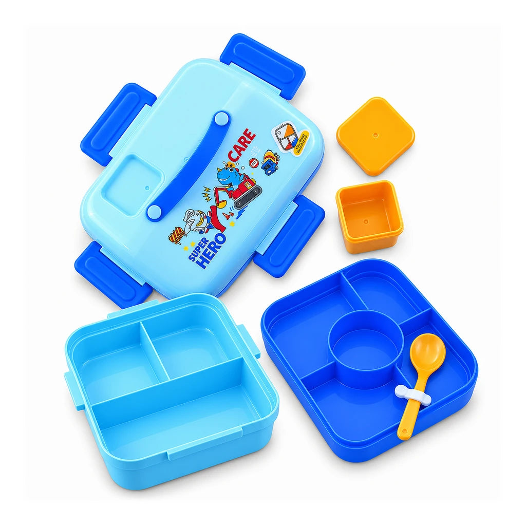 IQIX 1270 ML Kids Lunch Box | 3-Compartment | Sky-Blue | Super Hero Print