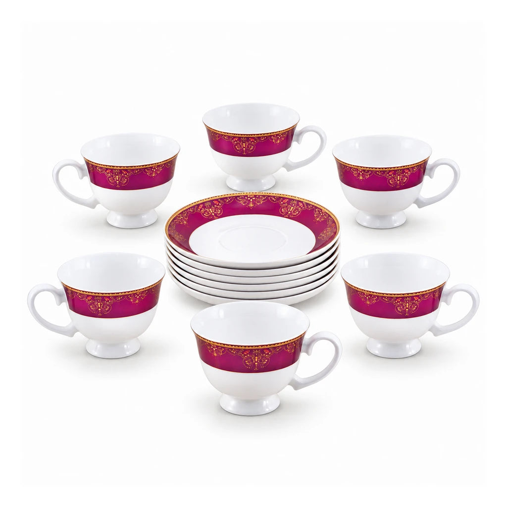 Royale 12-Piece Cup and Saucer Set | Magenta & Gold