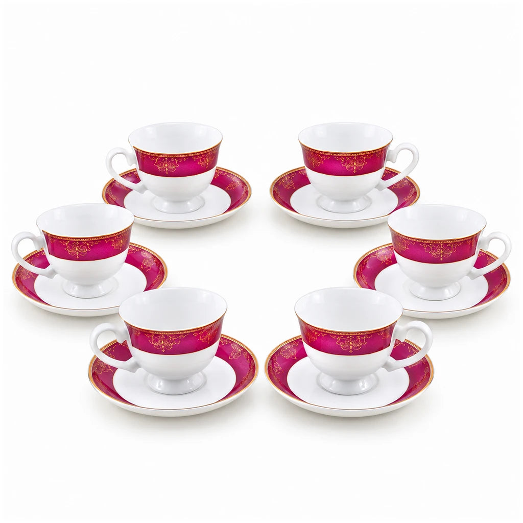 Royale 12-Piece Cup and Saucer Set | Magenta & Gold