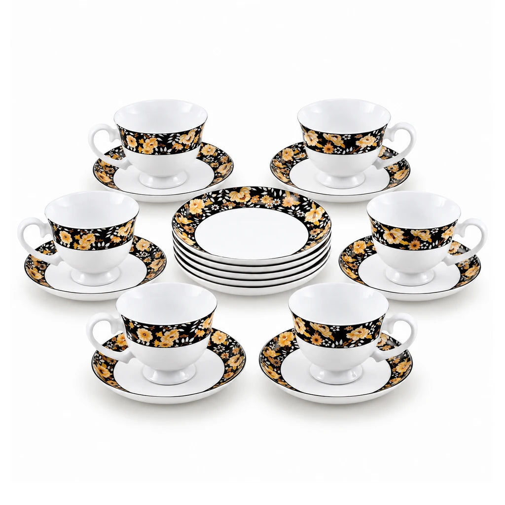 Royale 12-Piece Cup and Saucer Set | Black & Amber Floral