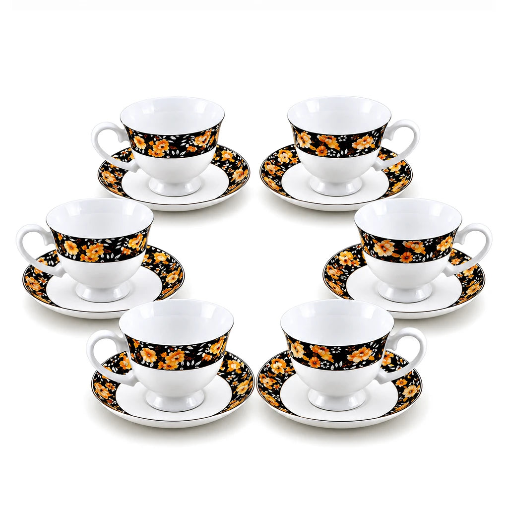 Royale 12-Piece Cup and Saucer Set | Black & Amber Floral