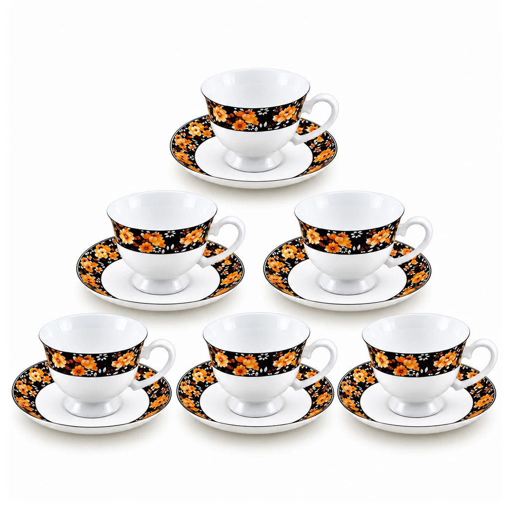 Royale 12-Piece Cup and Saucer Set | Black & Amber Floral