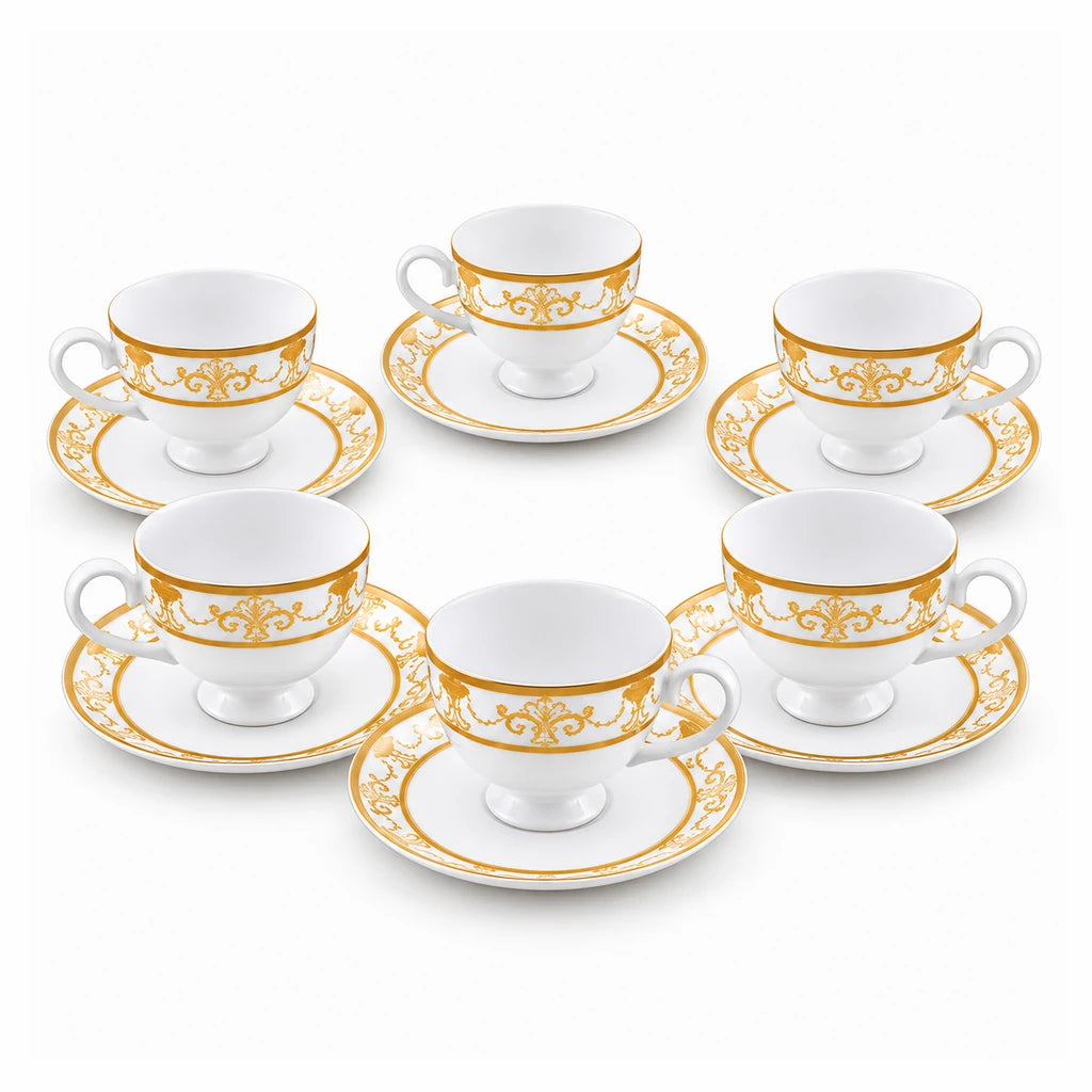 Royale 12-Piece Cup and Saucer Set | White & Gold Classic