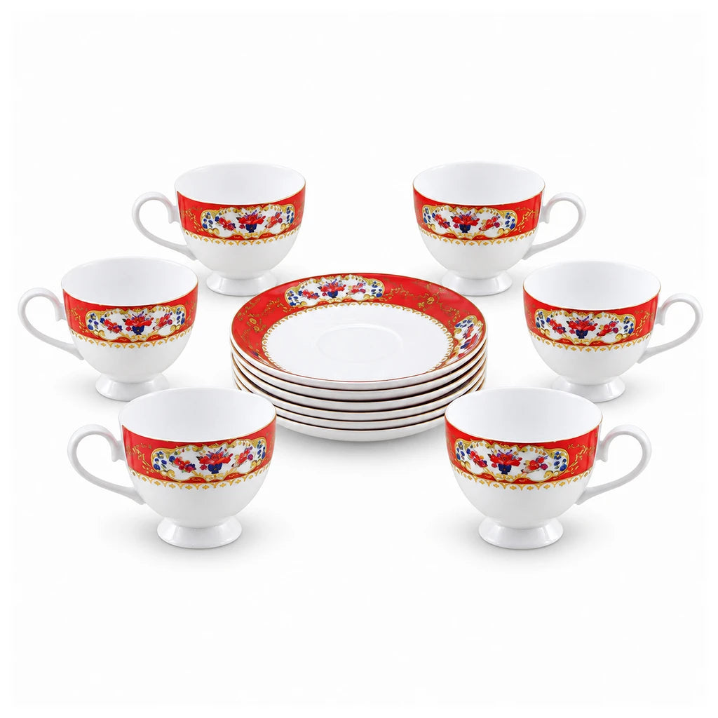 Royale 12-Piece Cup and Saucer Set | Red Floral Festive