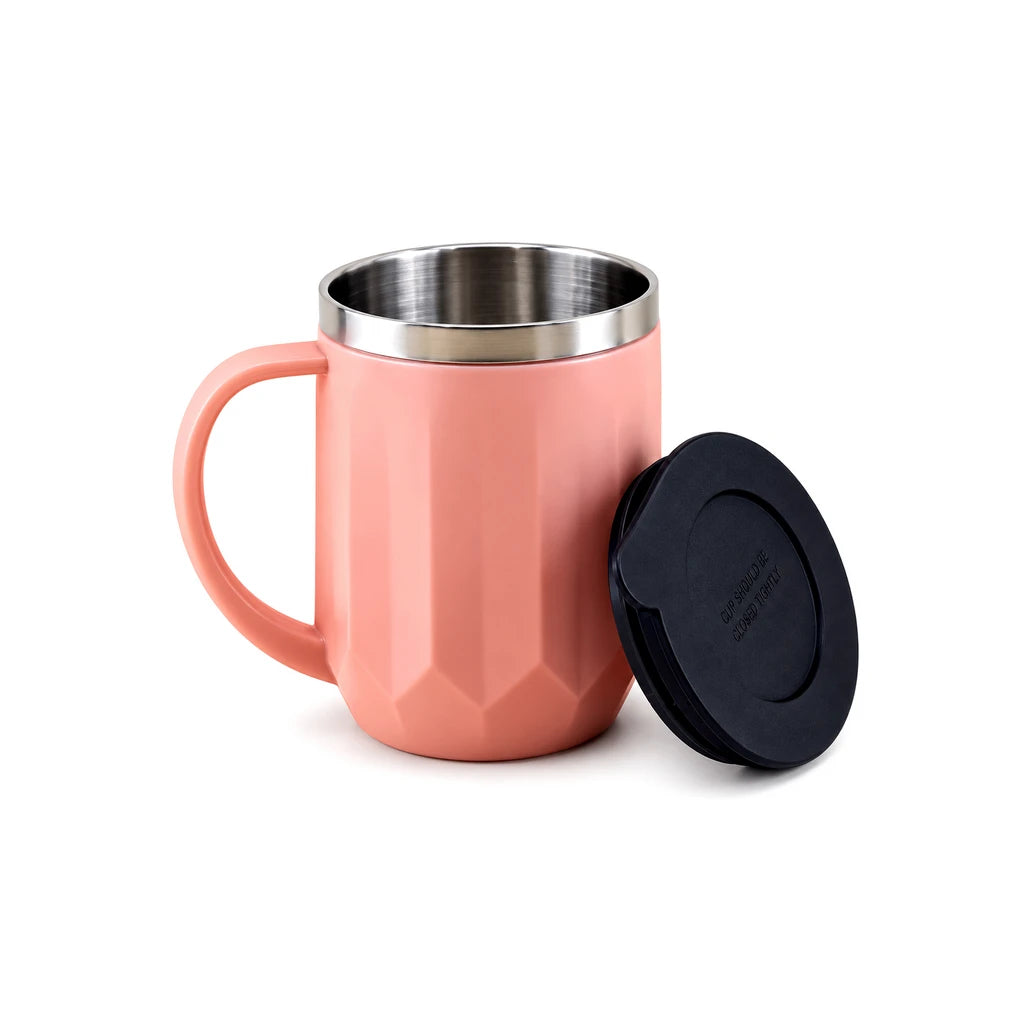IQIX 400 ml Stainless Steel Coffee Mug with Lid | Pink Color