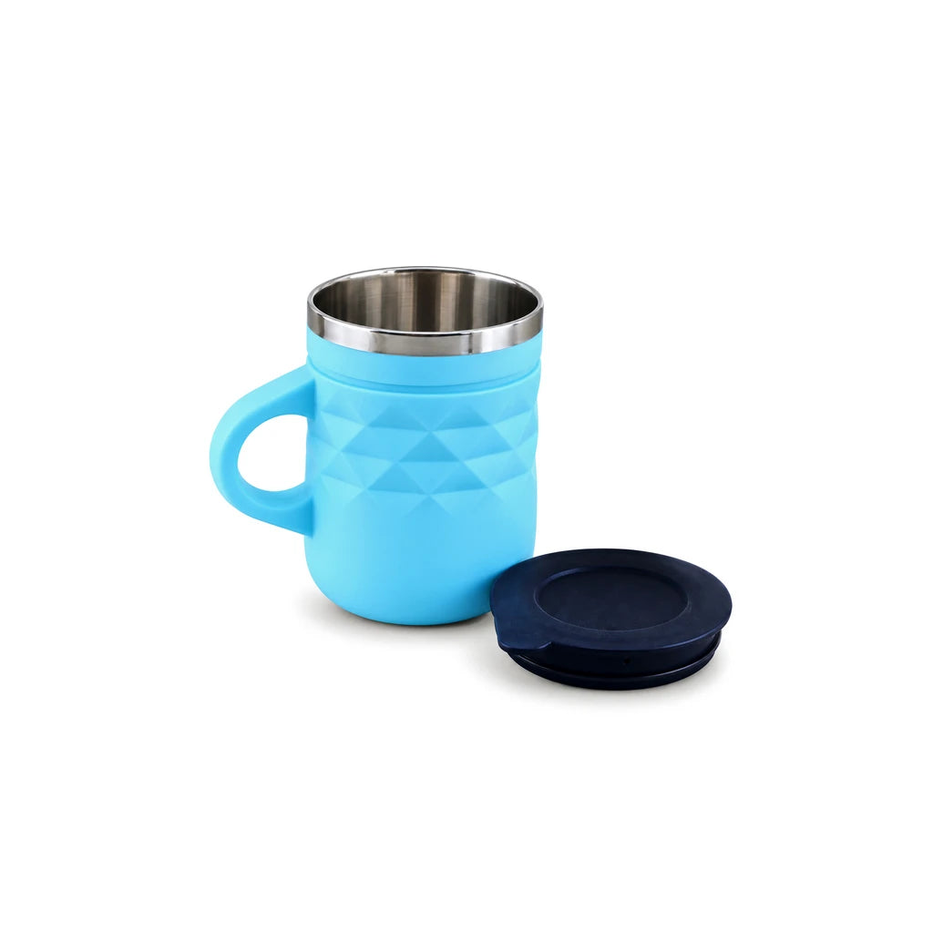IQIX 400 ml Geometric Stainless Steel Coffee Mug with Lid | Blue Color