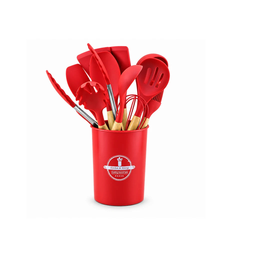 Best Silicone 12-Piece Kitchen Utensil Set - Red, Black & Grey