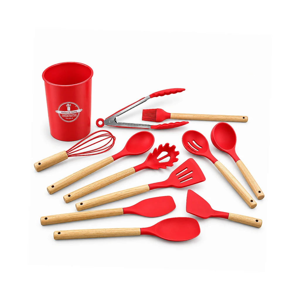 Best Silicone 12-Piece Kitchen Utensil Set - Red, Black & Grey