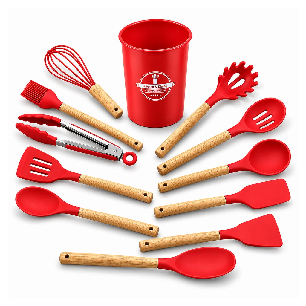 Best Silicone 12-Piece Kitchen Utensil Set - Red, Black & Grey