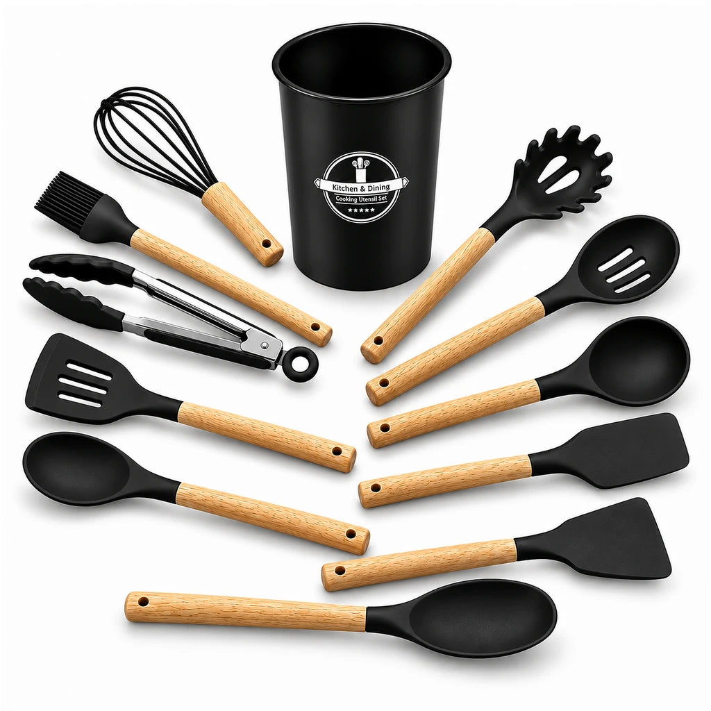 Best Silicone 12-Piece Kitchen Utensil Set - Red, Black & Grey