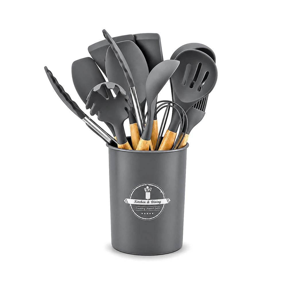Best Silicone 12-Piece Kitchen Utensil Set - Red, Black & Grey