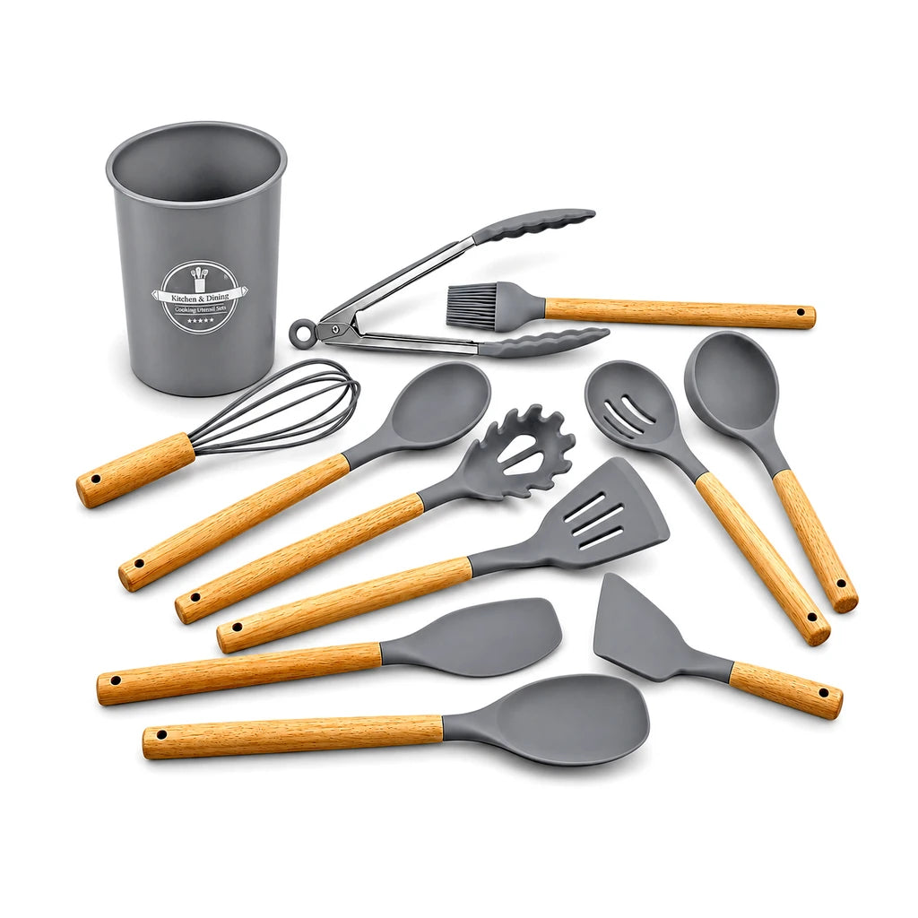 Best Silicone 12-Piece Kitchen Utensil Set - Red, Black & Grey