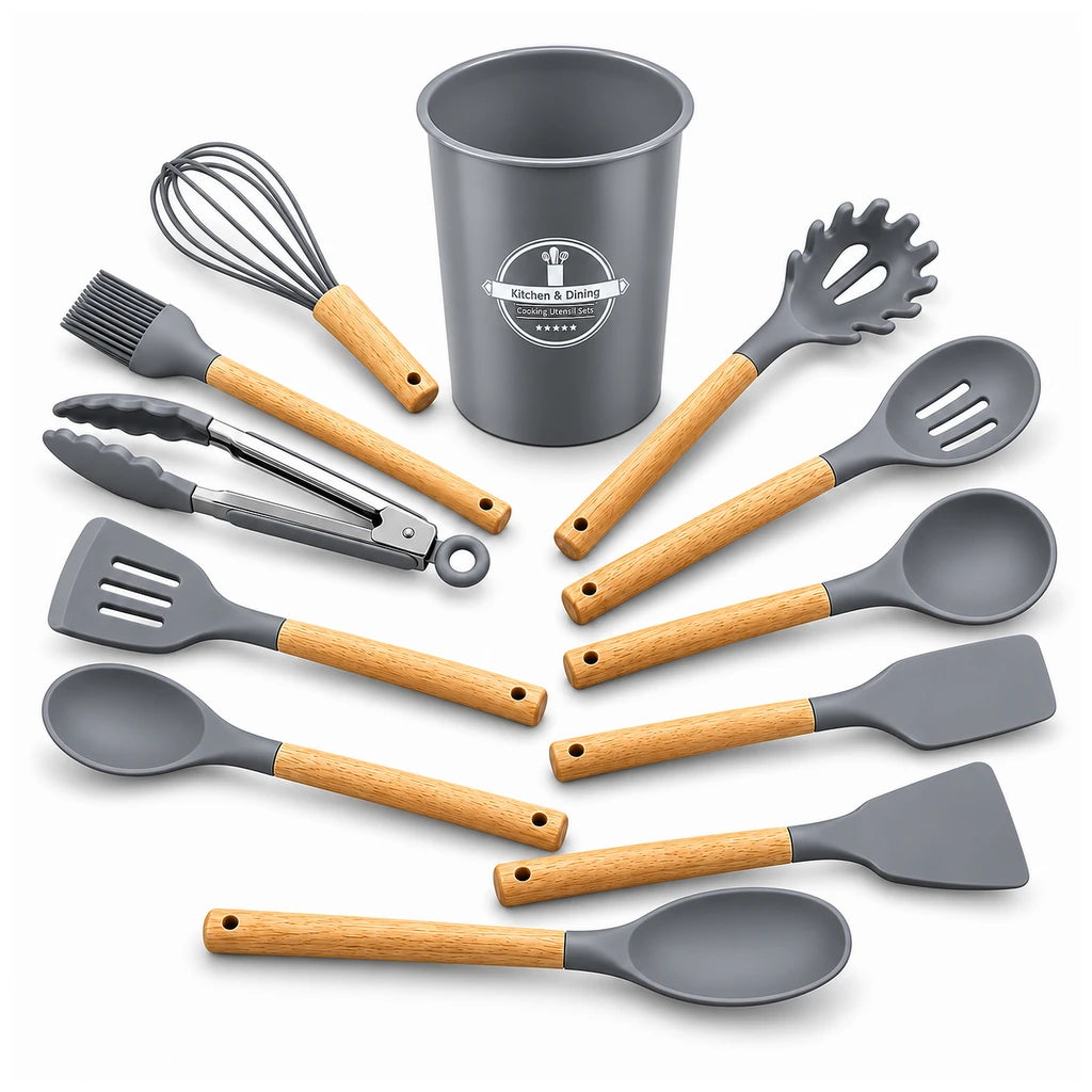 Best Silicone 12-Piece Kitchen Utensil Set - Red, Black & Grey