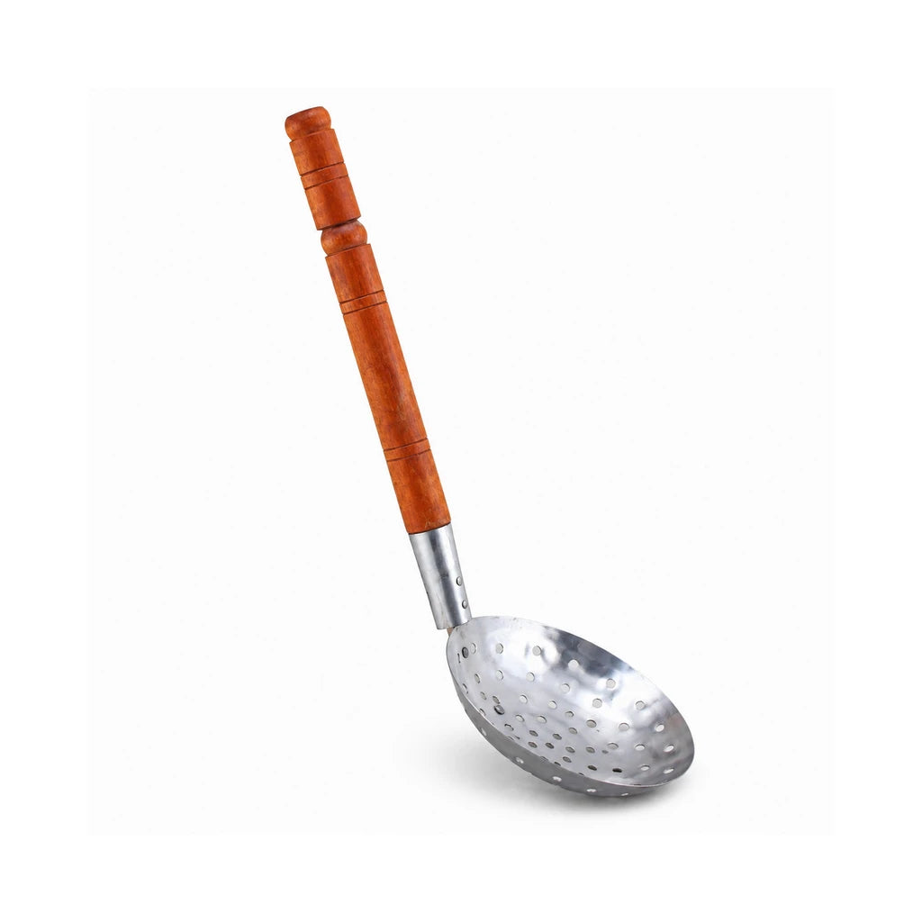 Stainless Steel Perforated Skimmer (Doora) with Wooden Handle - 8 & 9 Inch