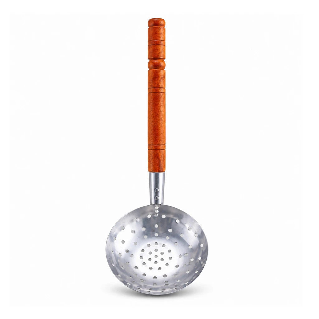 Stainless Steel Perforated Skimmer (Doora) with Wooden Handle - 8 & 9 Inch