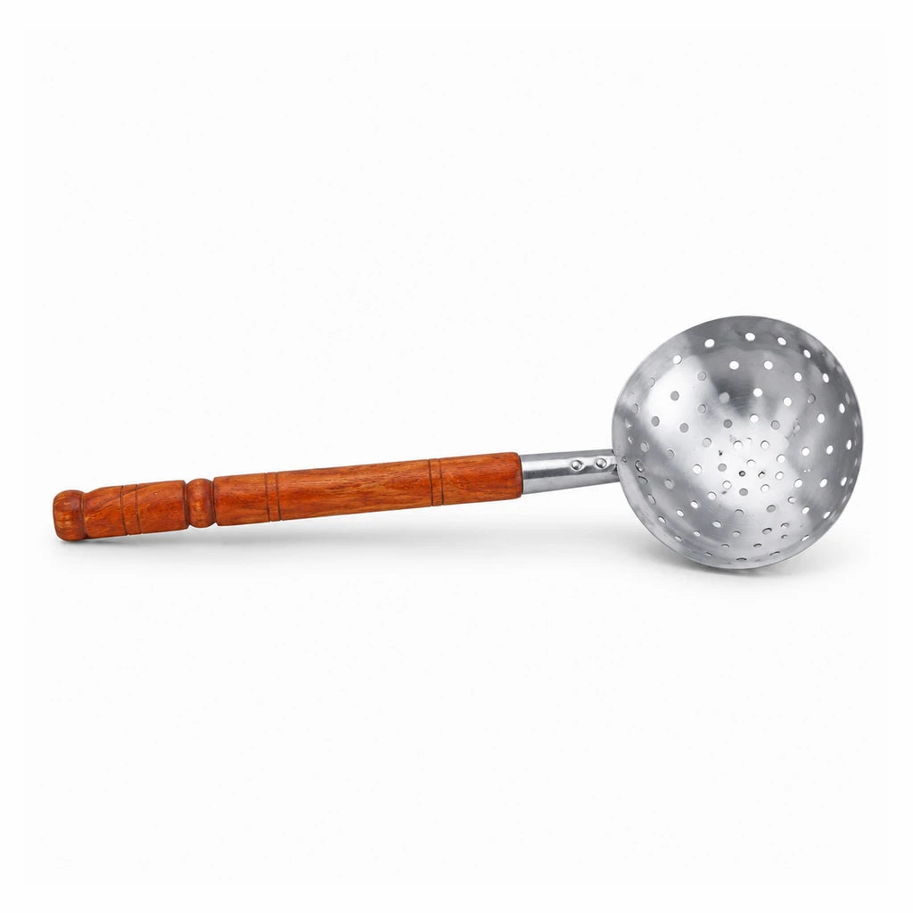 Stainless Steel Perforated Skimmer (Doora) with Wooden Handle - 8 & 9 Inch