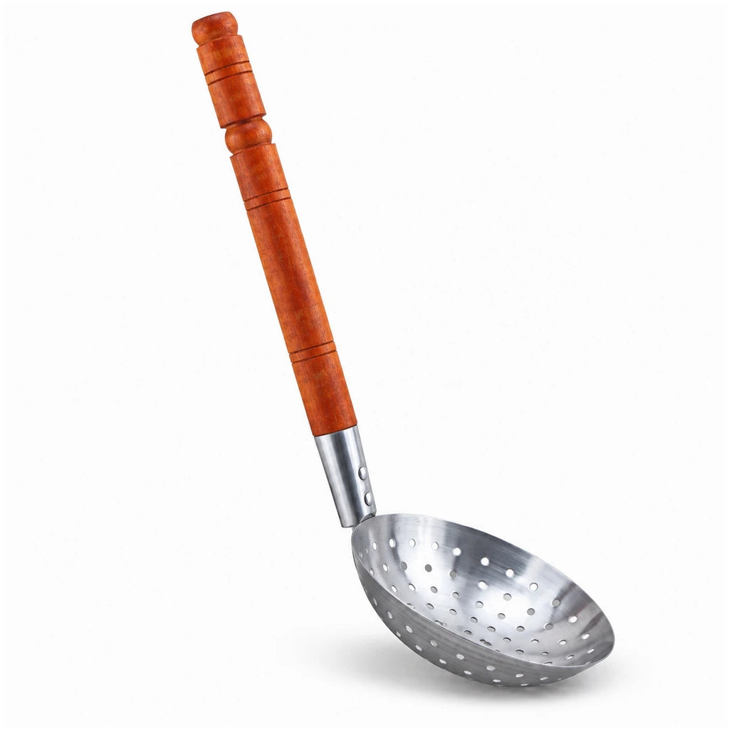 Stainless Steel Perforated Skimmer (Doora) with Wooden Handle - 8 & 9 Inch