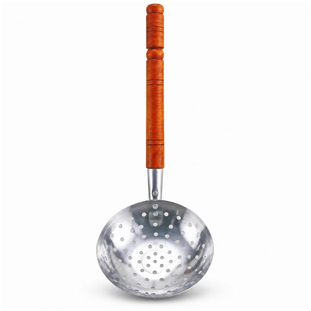 Stainless Steel Perforated Skimmer (Doora) with Wooden Handle - 8 & 9 Inch