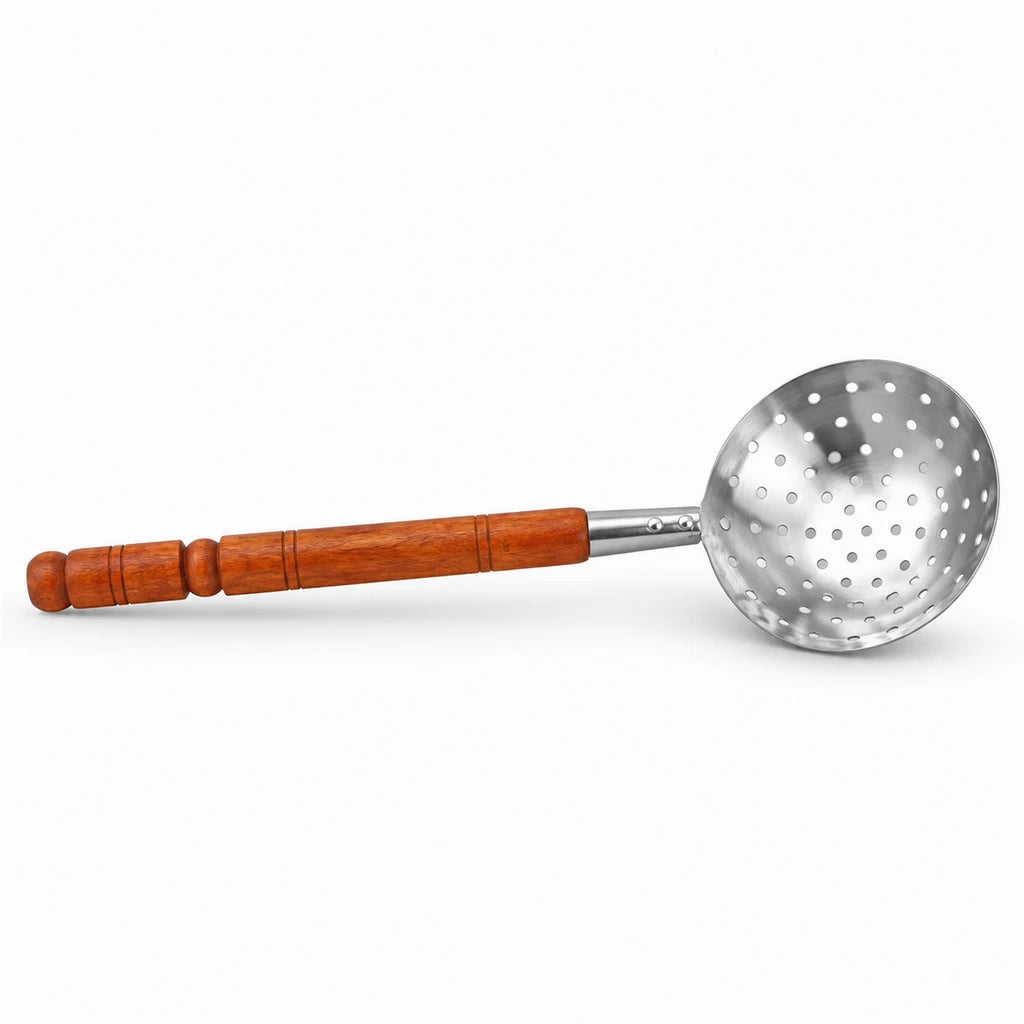 Stainless Steel Perforated Skimmer (Doora) with Wooden Handle - 8 & 9 Inch