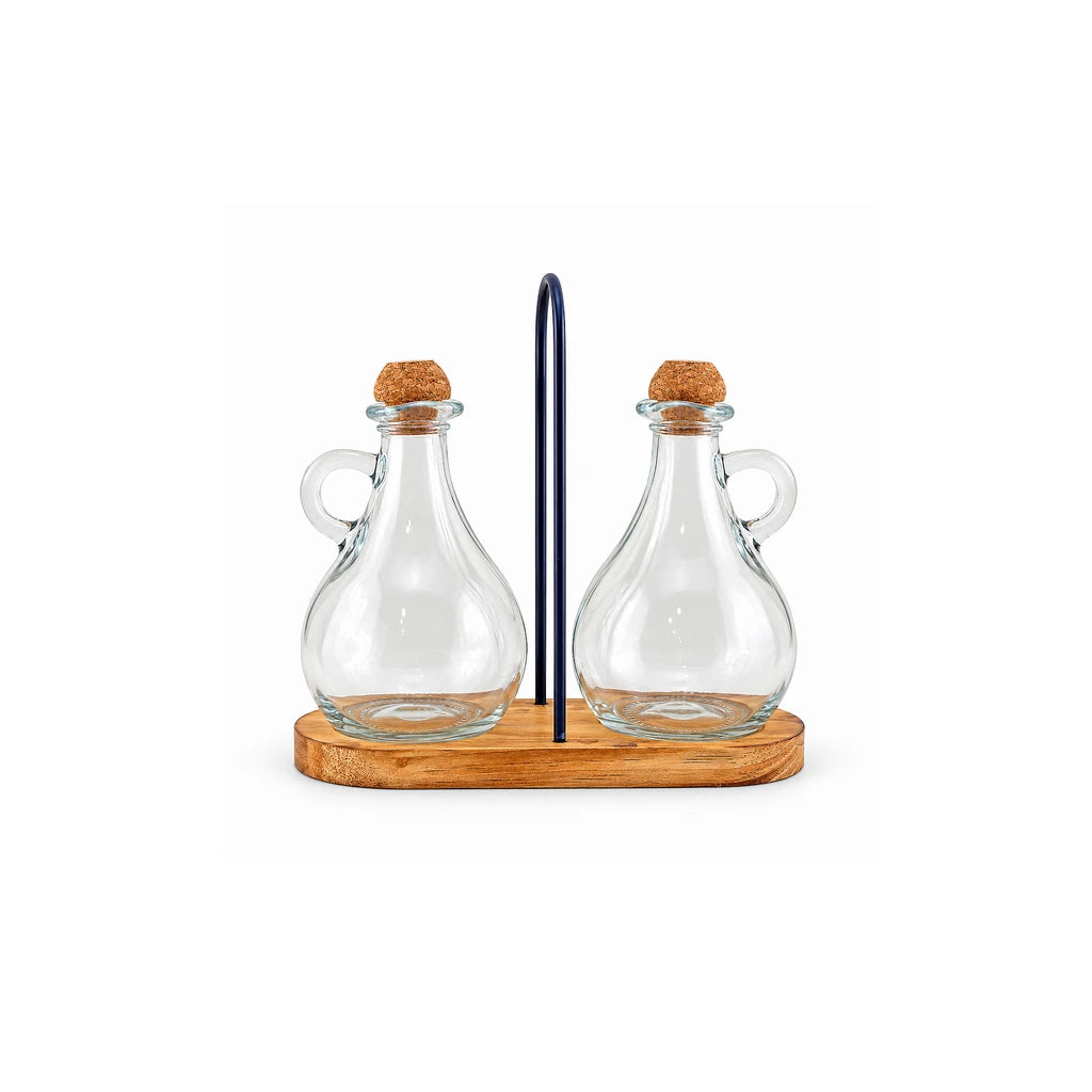 Danny Home 2-Piece Glass Oil Bottle Set with Wooden Base