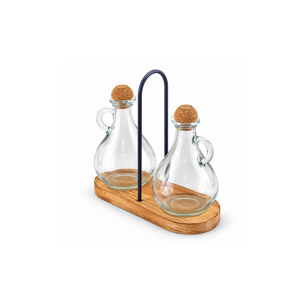 Danny Home 2-Piece Glass Oil Bottle Set with Wooden Base