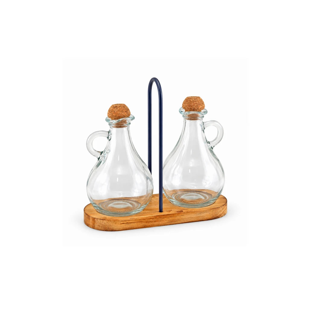 Danny Home 2-Piece Glass Oil Bottle Set with Wooden Base