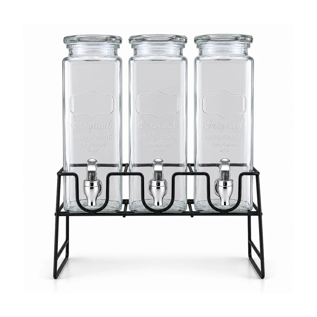 Danny Home Triple 2.3-Litre Glass Beverage Dispenser Set with Stand