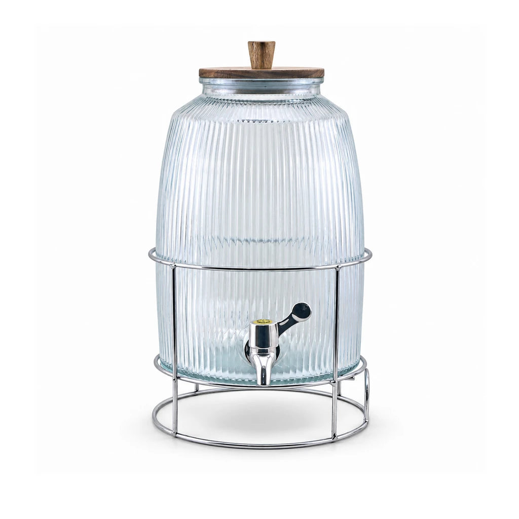 Danny Home 6-Litre Ribbed Glass Beverage Dispenser with Stand & Wooden Lid