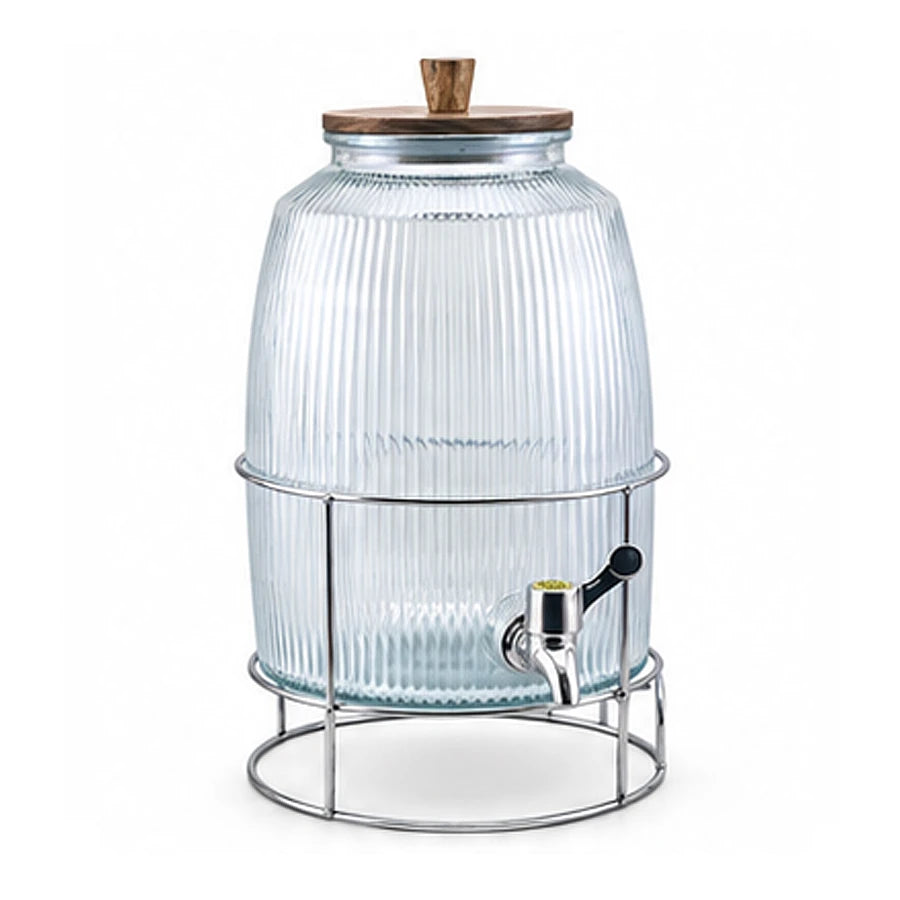 Danny Home 6-Litre Ribbed Glass Beverage Dispenser with Stand & Wooden Lid
