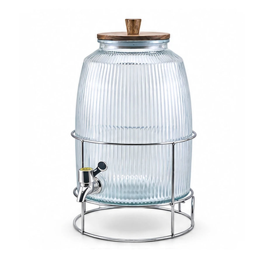 Danny Home 6-Litre Ribbed Glass Beverage Dispenser with Stand & Wooden Lid