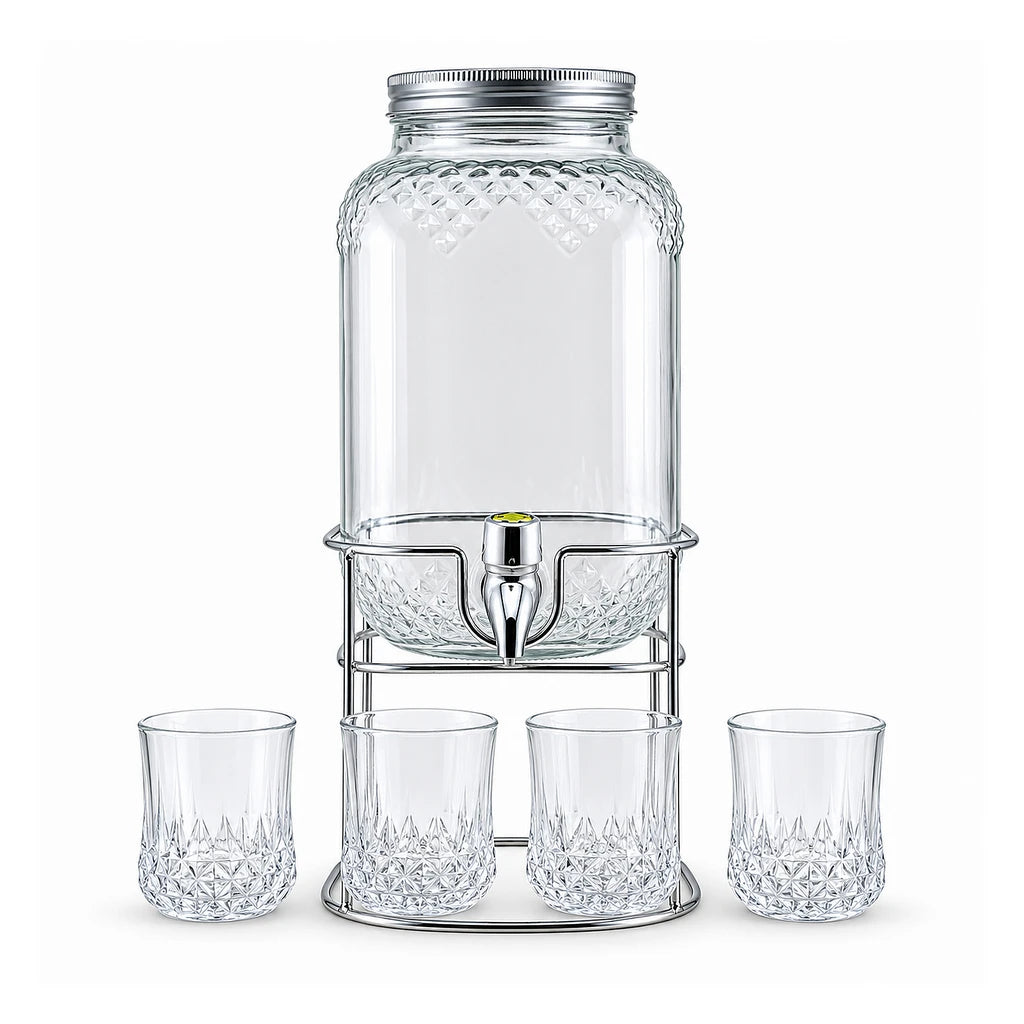 Danny Home 4-Litre Glass Beverage Dispenser with 4 Glasses & Stand