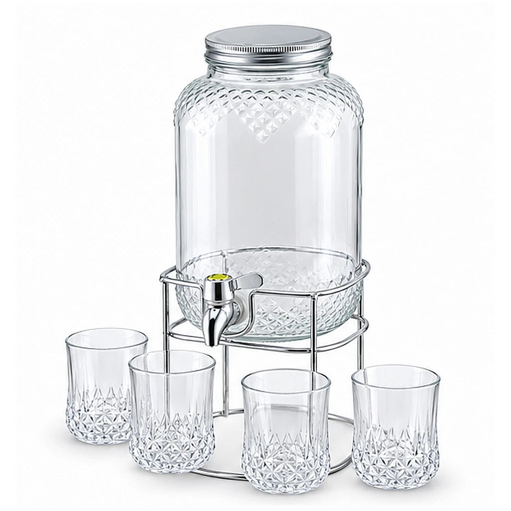 Danny Home 4-Litre Glass Beverage Dispenser with 4 Glasses & Stand