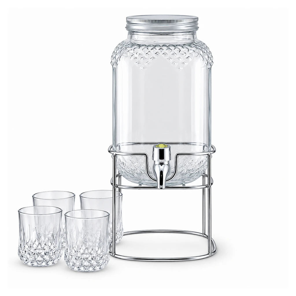 Danny Home 4-Litre Glass Beverage Dispenser with 4 Glasses & Stand