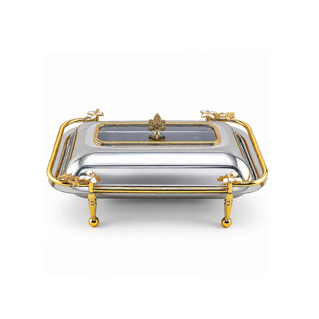 Fancy Stainless Steel Rectangular Serving Dish With Stand - 40, 41 & 47 cm