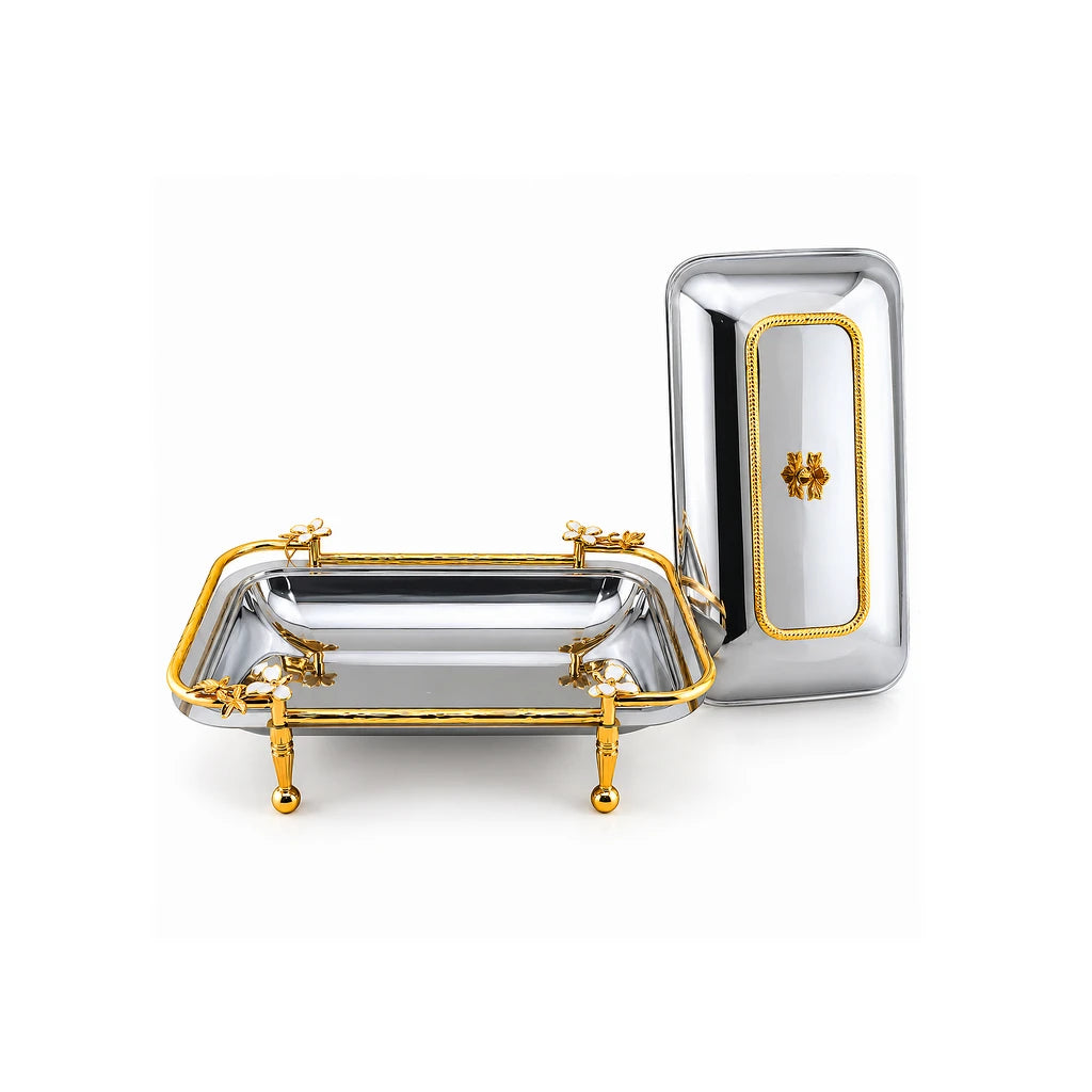 Fancy Stainless Steel Rectangular Serving Dish With Stand - 40, 41 & 47 cm