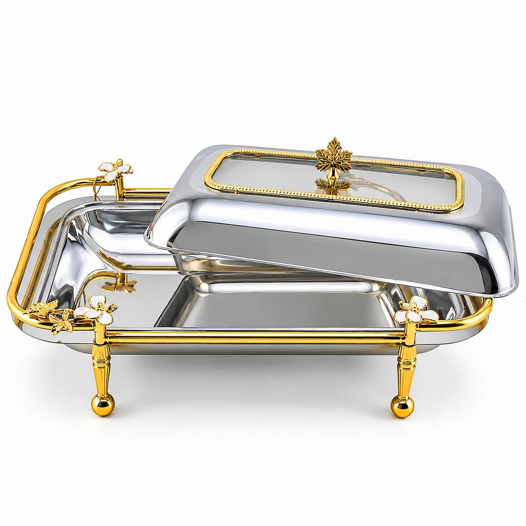 Fancy Stainless Steel Rectangular Serving Dish With Stand - 40, 41 & 47 cm