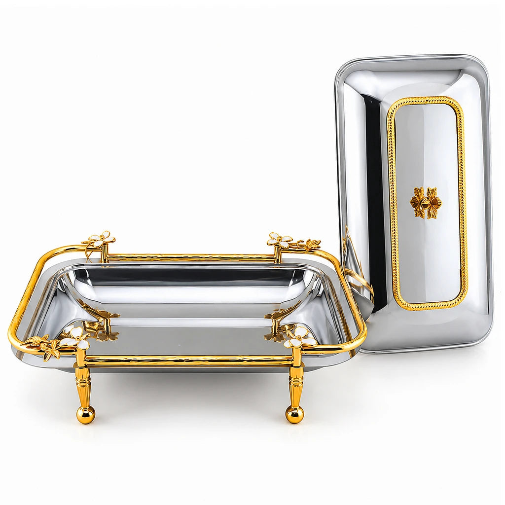 Fancy Stainless Steel Rectangular Serving Dish With Stand - 40, 41 & 47 cm