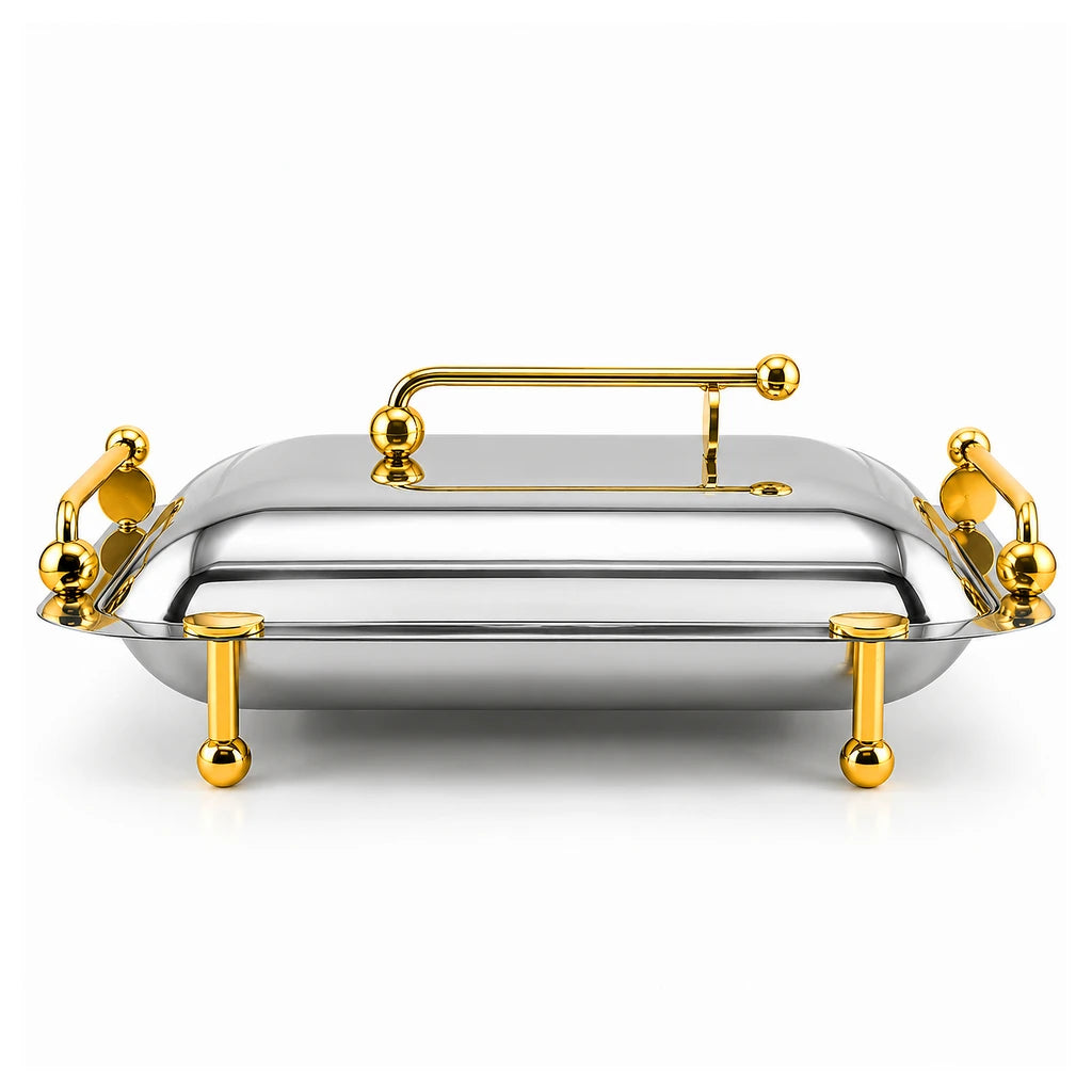Fancy Stainless Steel Rectangular Serving Dish With Stand - 40, 41 & 47 cm