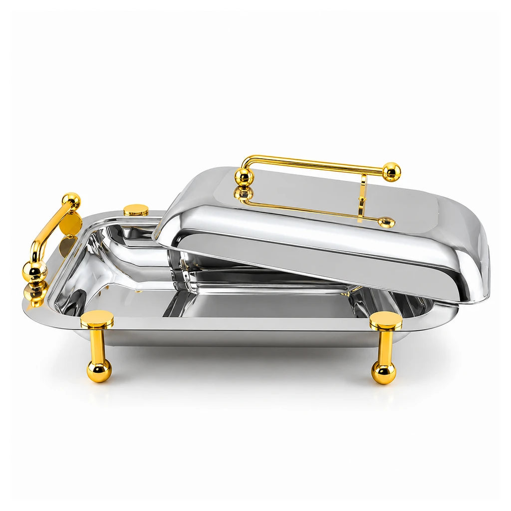 Fancy Stainless Steel Rectangular Serving Dish With Stand - 40, 41 & 47 cm