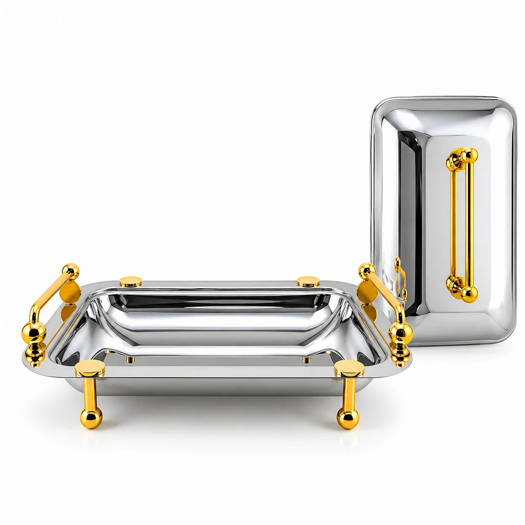 Fancy Stainless Steel Rectangular Serving Dish With Stand - 40, 41 & 47 cm