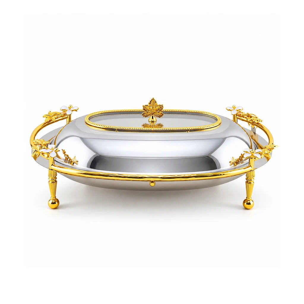 Fancy Stainless Steel 42 cm Oval Serving Dish With Lid & Stand