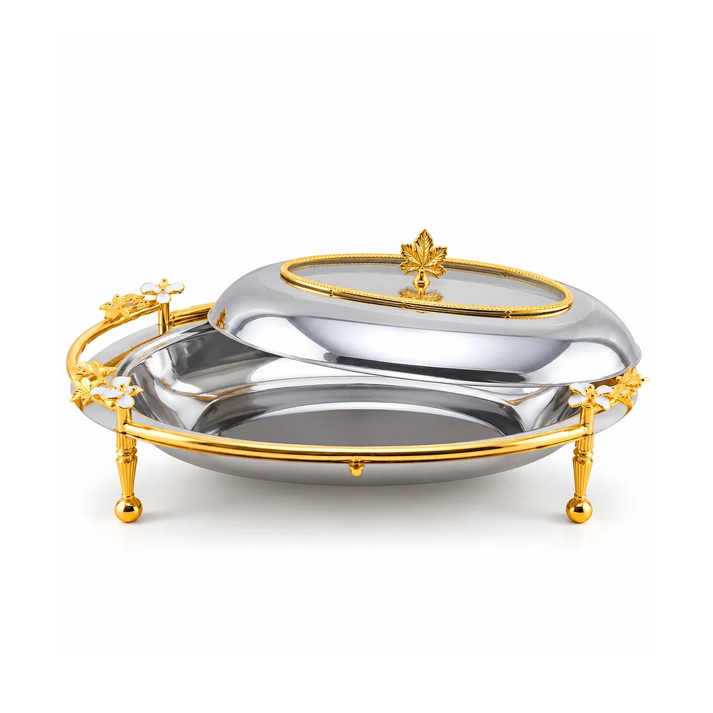 Fancy Stainless Steel 42 cm Oval Serving Dish With Lid & Stand