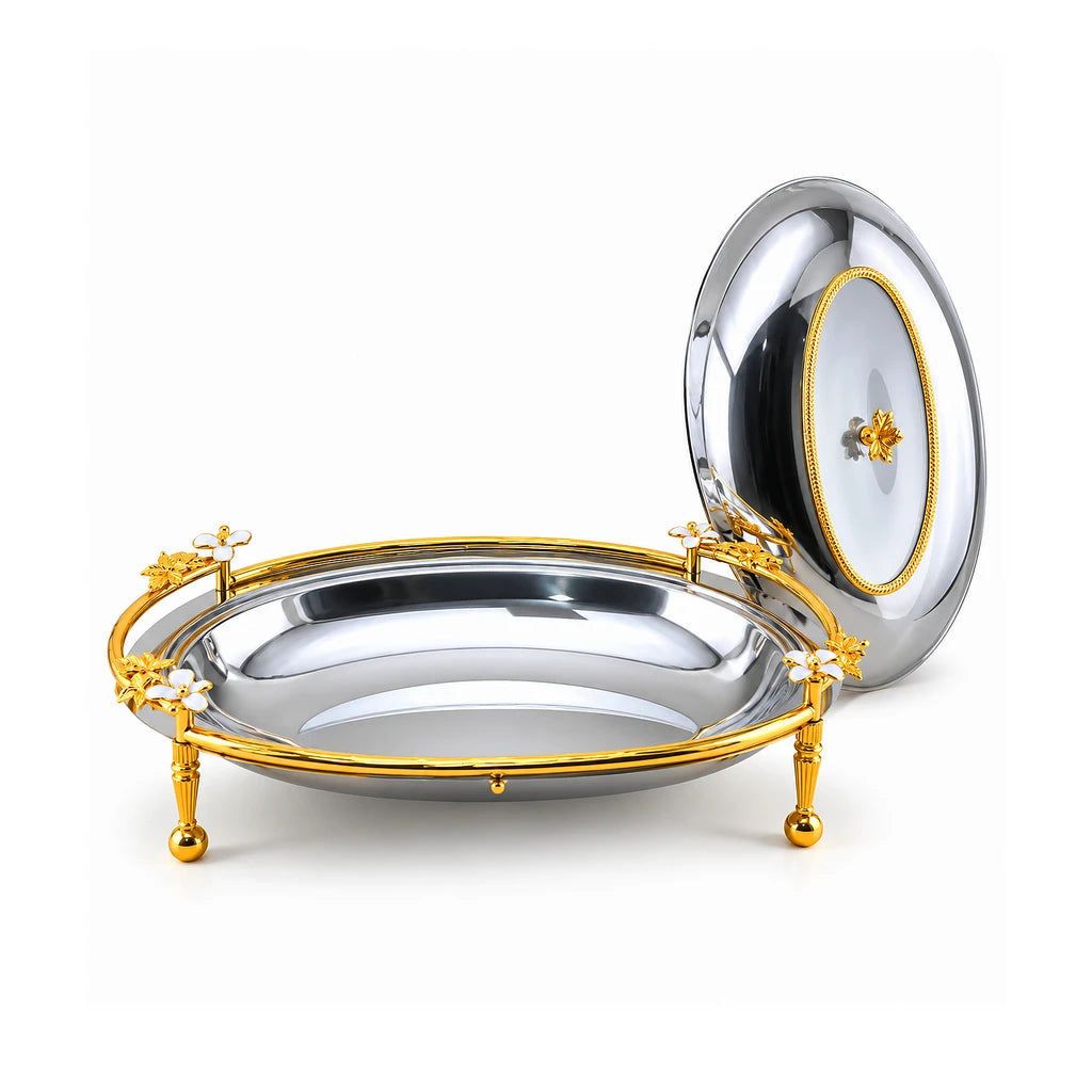 Fancy Stainless Steel 42 cm Oval Serving Dish With Lid & Stand